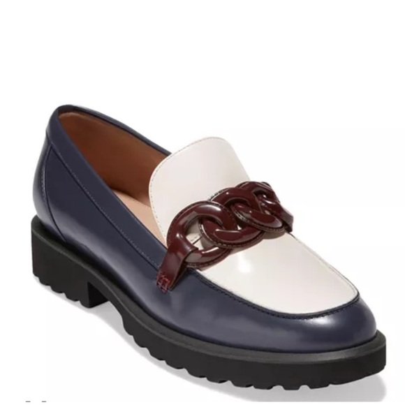 COLE HAAN Grand360 Navy Geneva Chain Loafer Flats SlipOn Colorblock penny lug 8 - Picture 1 of 15